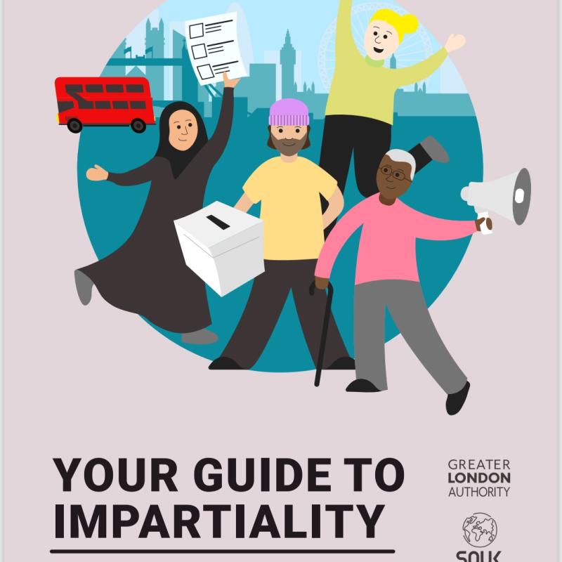 The front cover of the impartiality manual with people celebrating in front of a London skyline