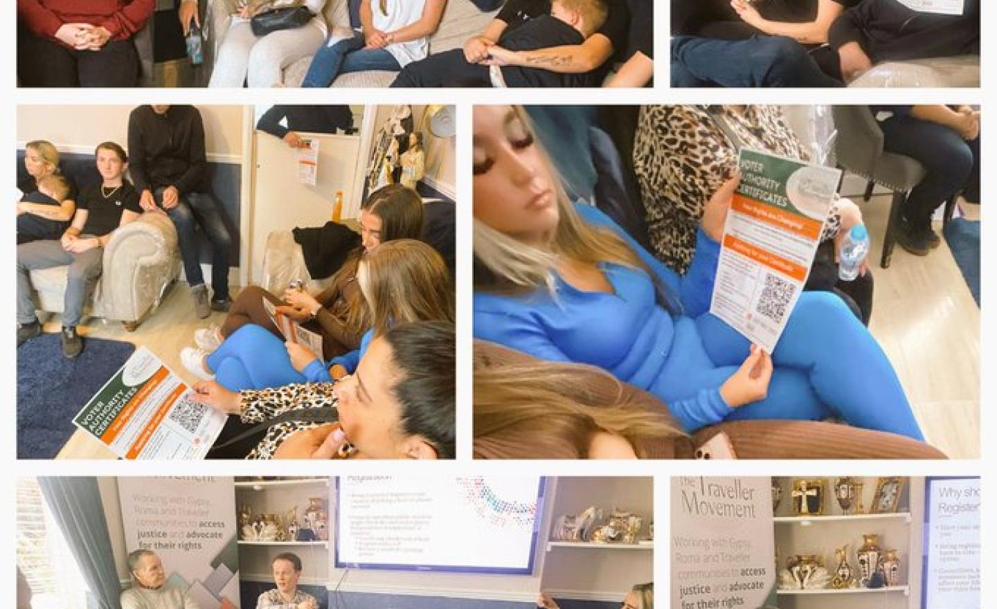 Collage of 6 images showing Voter ID awareness and information sessions with the Gypsy, Roma and Traveller community.