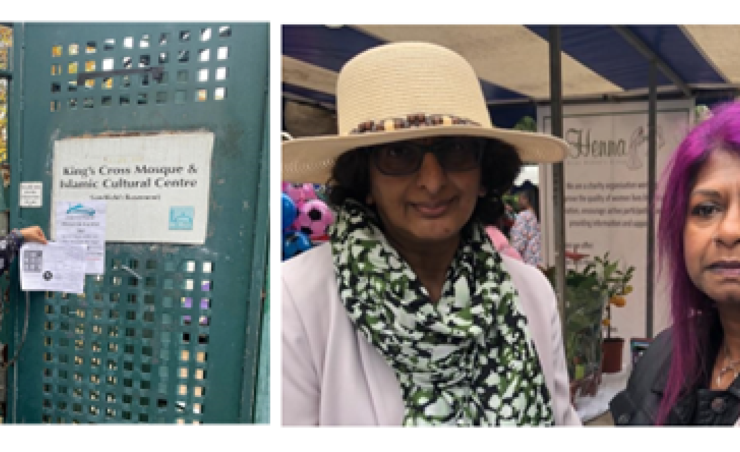 Two photos 1. A person who is outside holding up an information leaflet underneath a sign for King's Cross Mosque and Islamic Cultural Centre. 2. Two people standing underneath a blue and white striped tent at a community event with a Henna Asian Women's Group banner in the background.