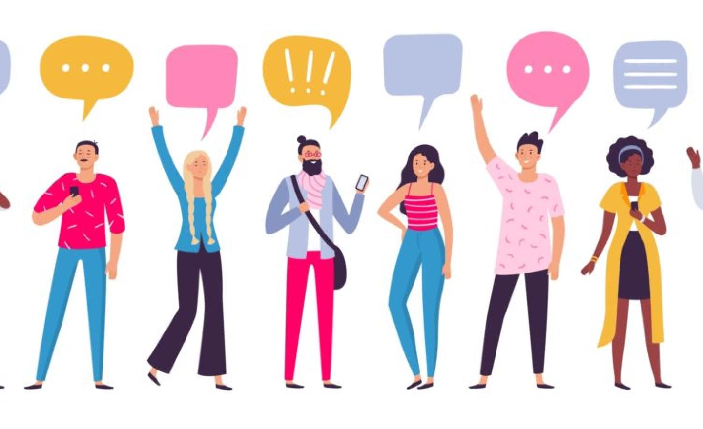 A diverse group of people with colorful speech bubbles above, symbolising communication and dialogue.