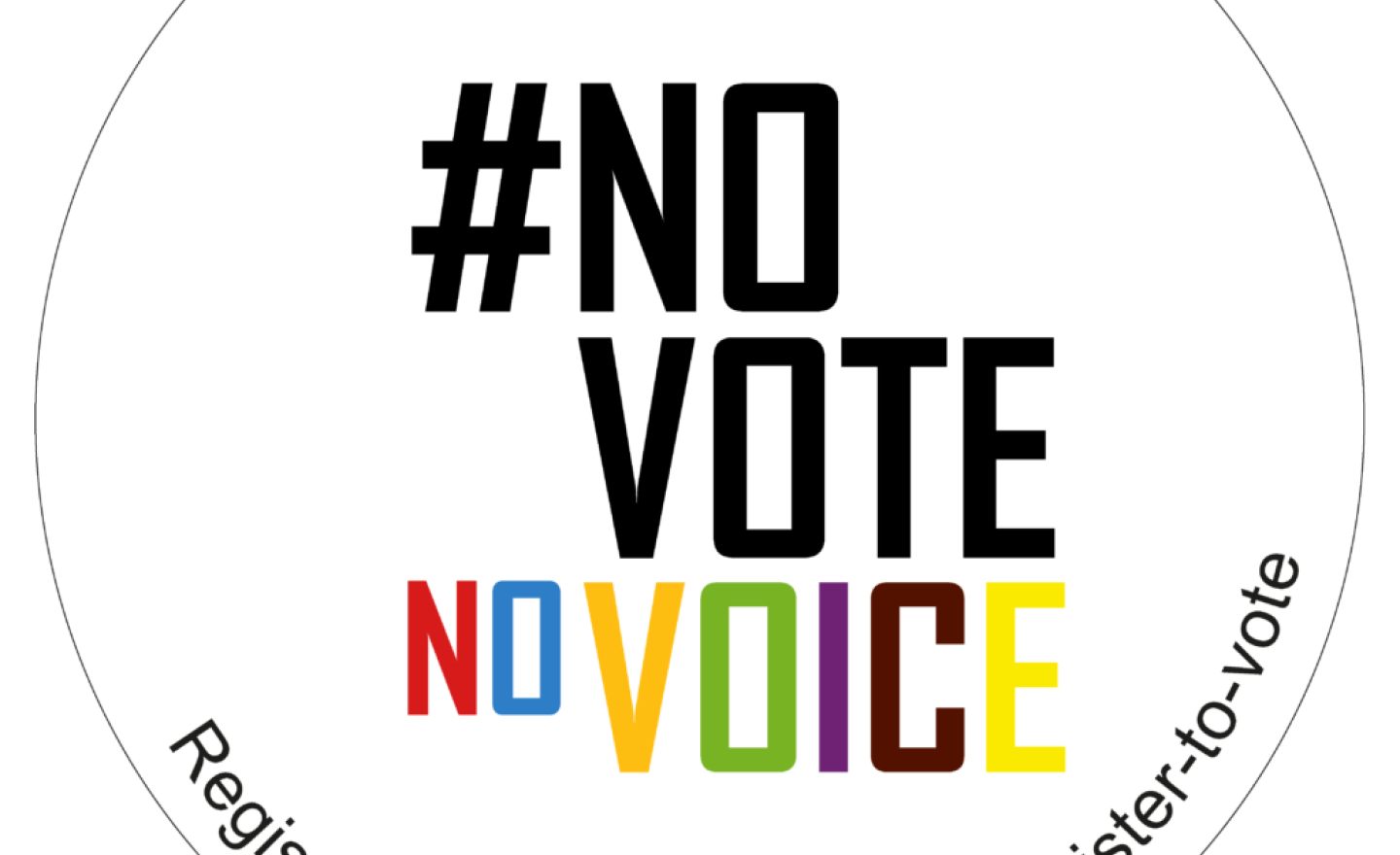 # no vote no voice main title with small text that says register to vote www.gov.uk/register -to-vote. All text is wrapped in a circle