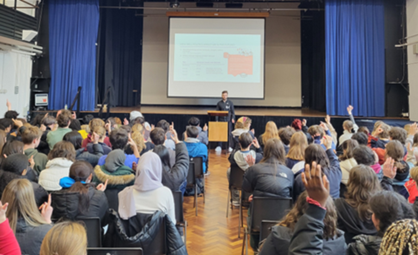 A hall full of students watching a political literacy being delivered