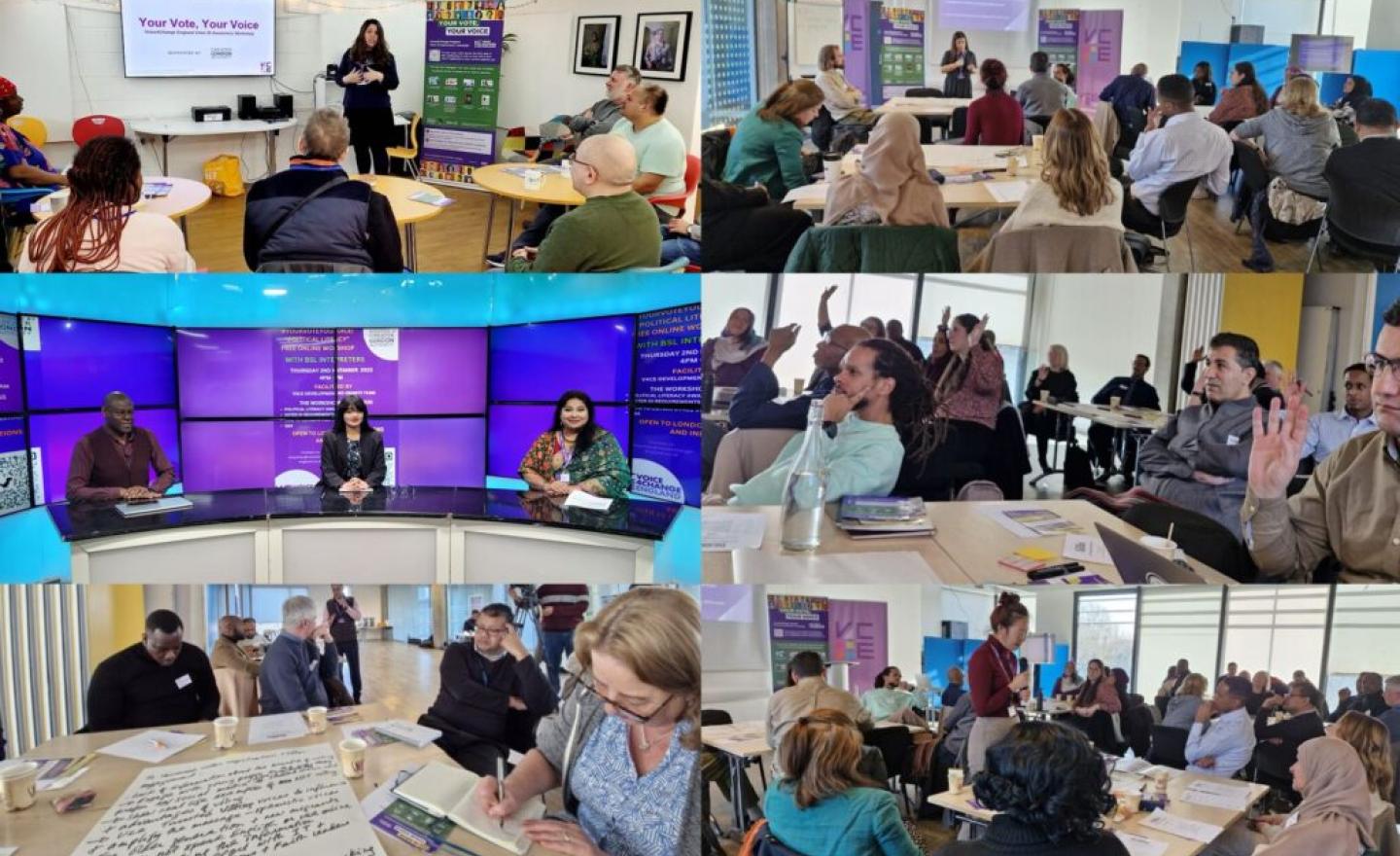 A collage of images that show Voice for Change Englang's in person awareness raising activity