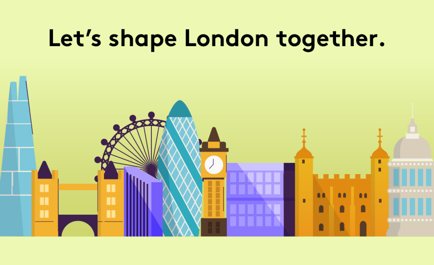 London Democracy Week is here! Let's shape London Together. London's skyline with landmarks including the London Eye, Tower Bridge, The Shard and Big Ben.