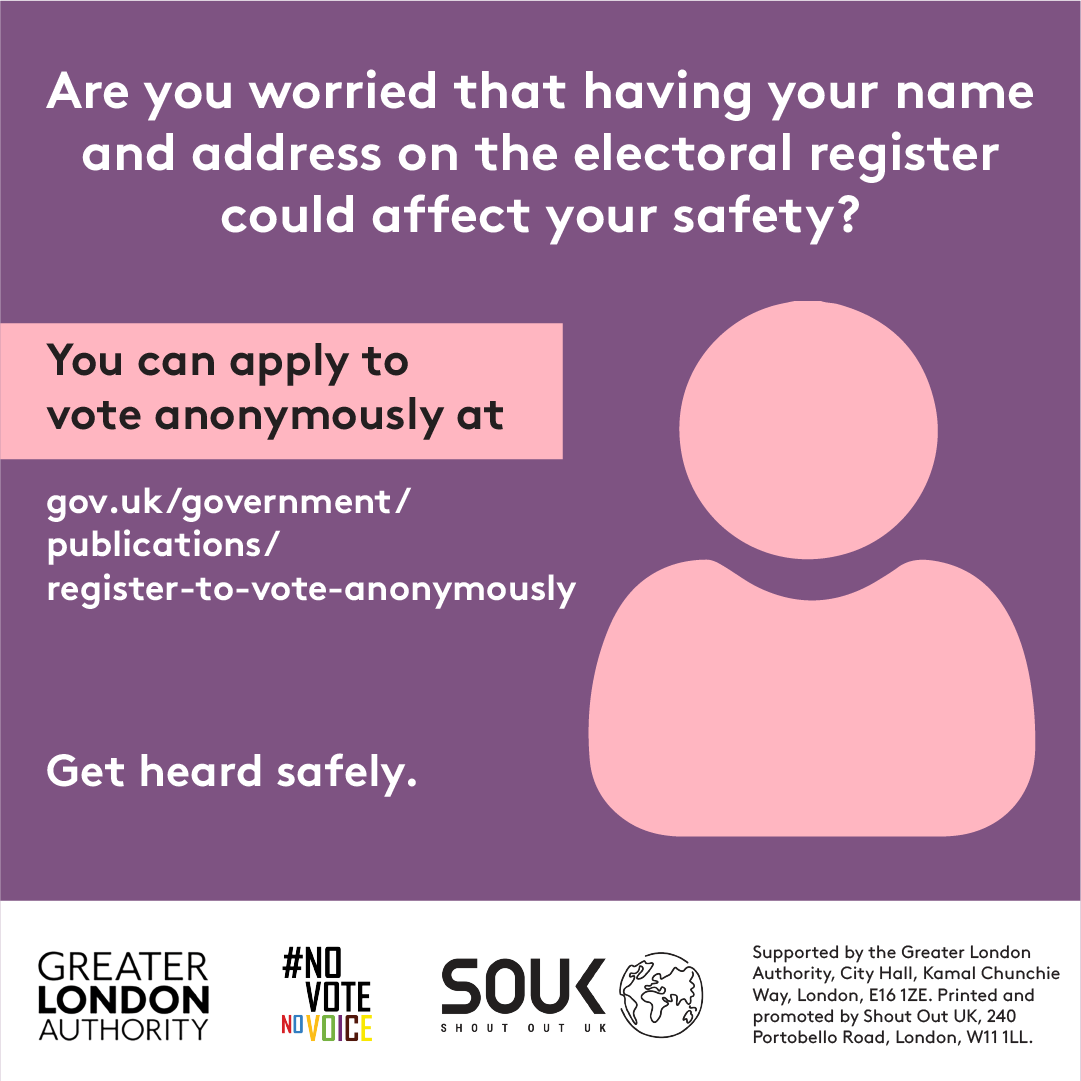 Poster addresses concerns about safety due to name and address on the electoral register. Advises applying to vote anonymously at gov.uk/government/publications/register-to-vote-anonymously.