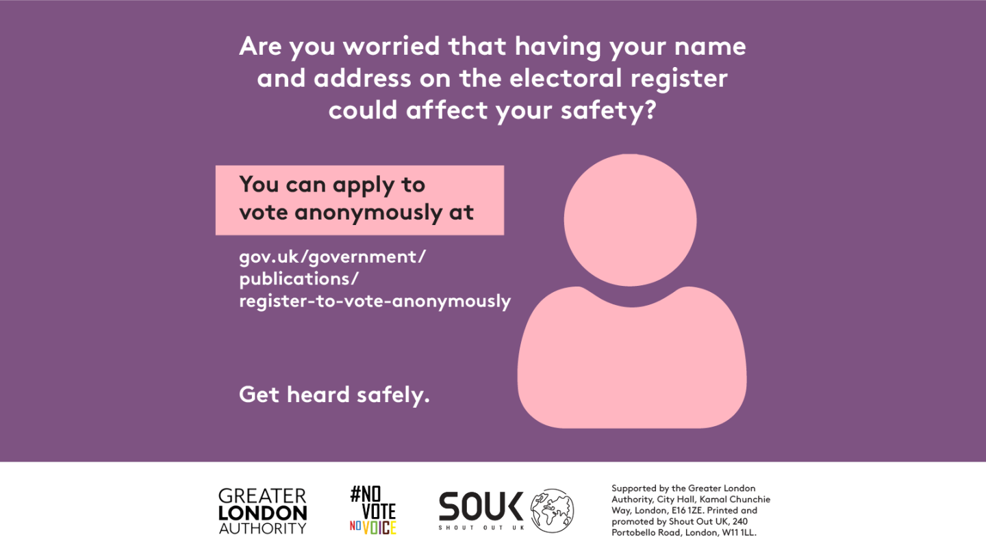 Poster addresses concerns about safety due to name and address on the electoral register. Advises applying to vote anonymously at gov.uk/government/publications/register-to-vote-anonymously.