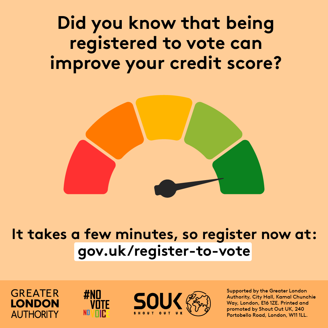 Poster highlights that being registered to vote can improve your credit score. Encourages registering at gov.uk/register-to-vote, emphasising it only takes a few minutes.