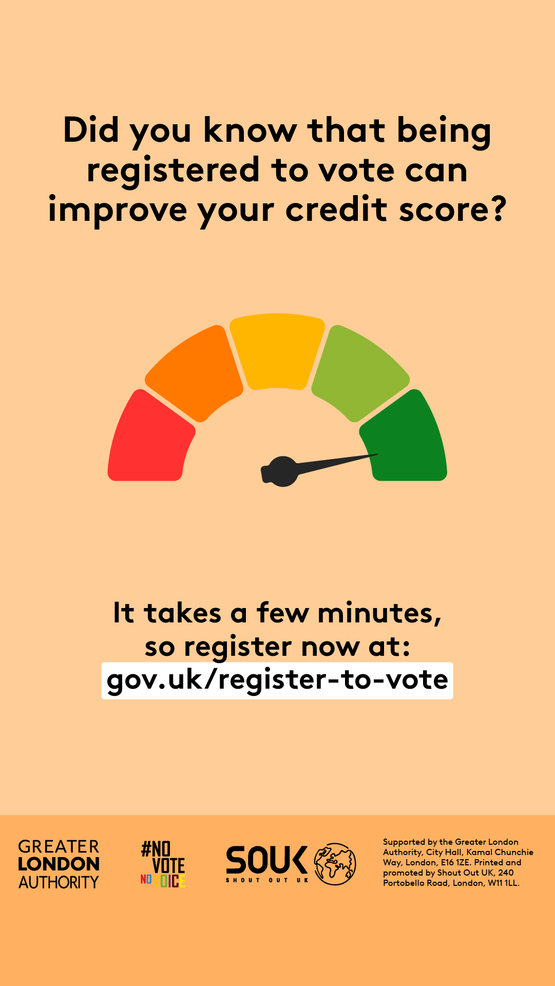 Poster highlights that being registered to vote can improve your credit score. Encourages registering at gov.uk/register-to-vote, emphasising it only takes a few minutes.