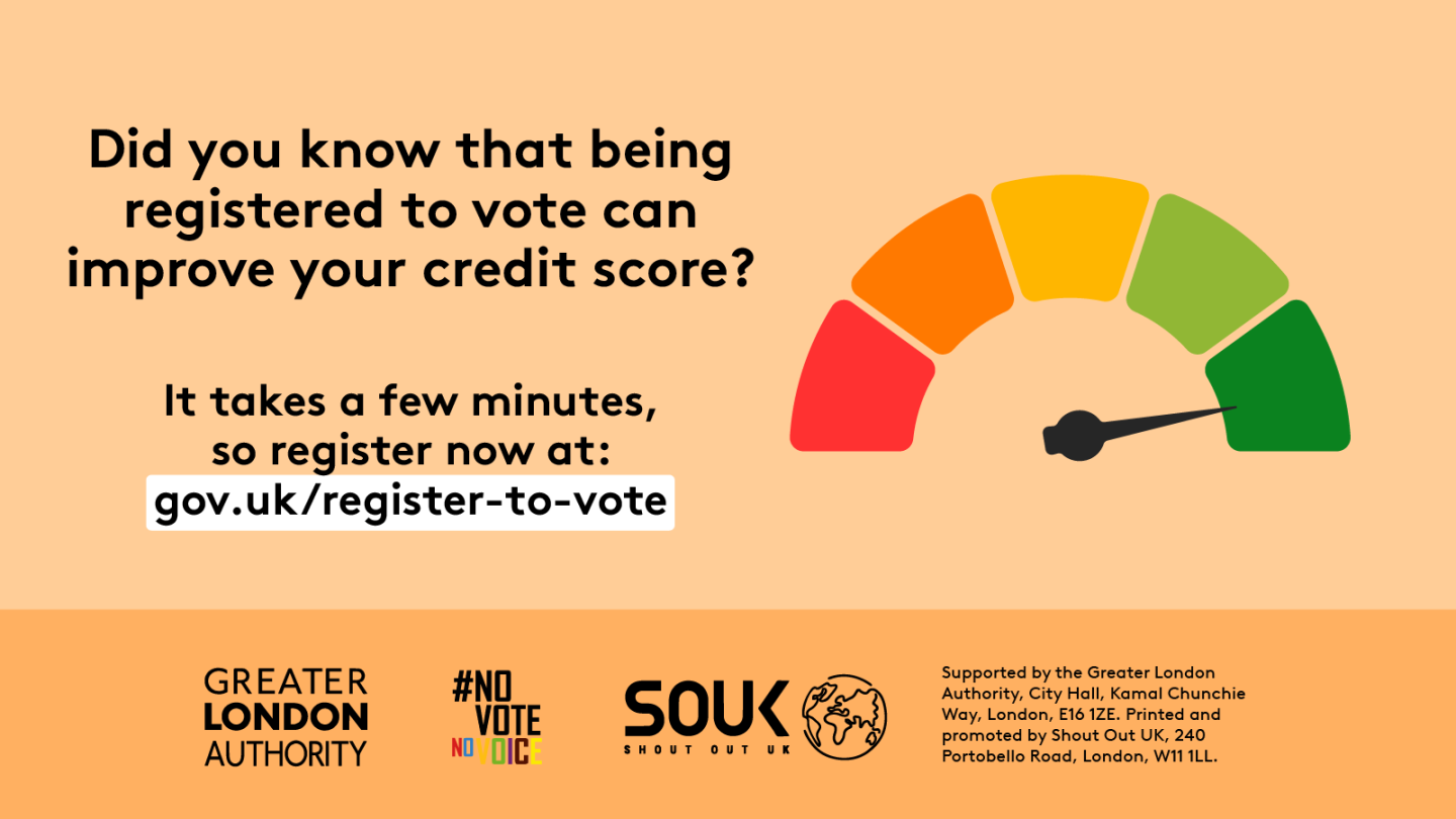 Poster highlights that being registered to vote can improve your credit score. Encourages registering at gov.uk/register-to-vote, emphasising it only takes a few minutes. 