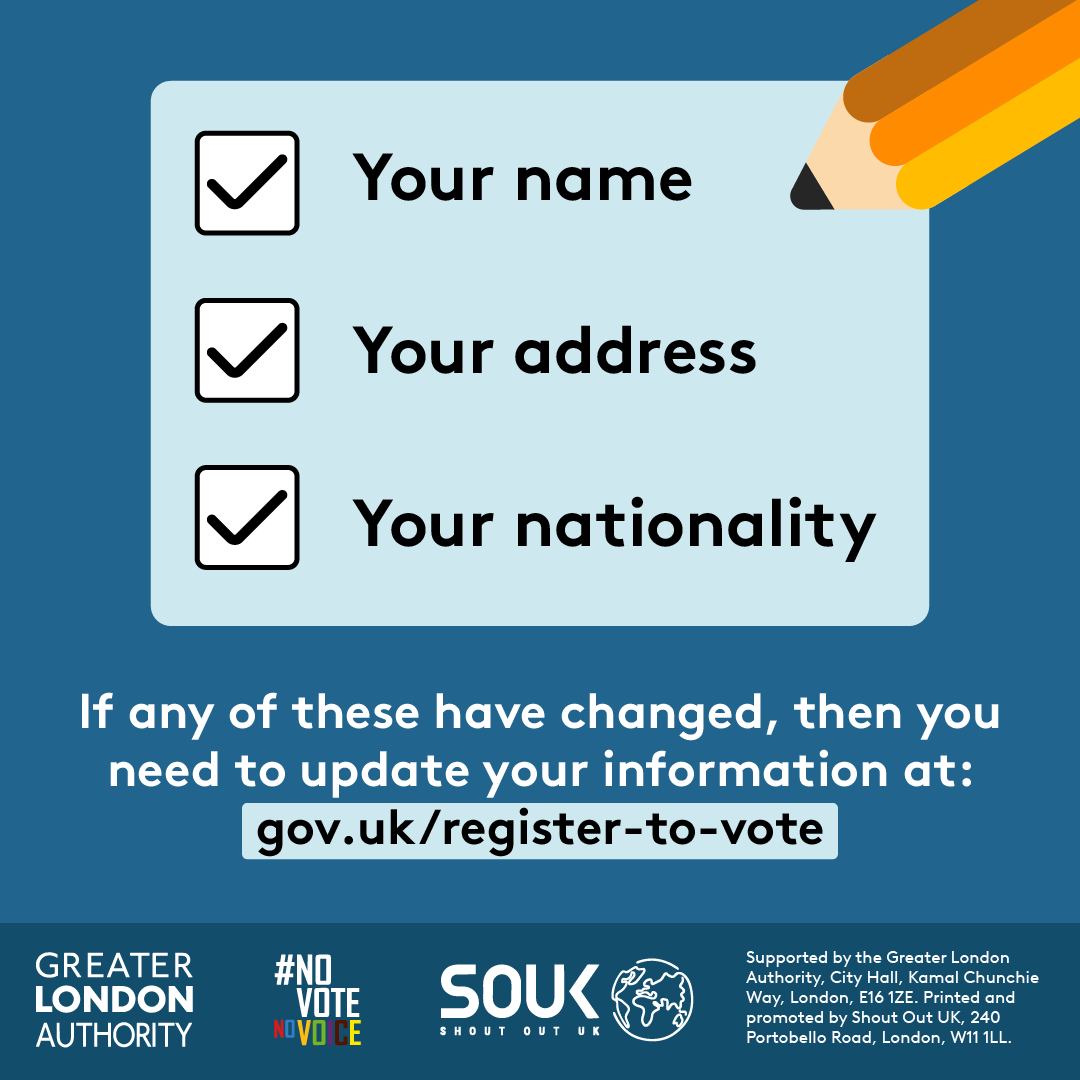 Poster advises updating voter information if your name, address, or nationality has changed. Directs users to gov.uk/register-to-vote.