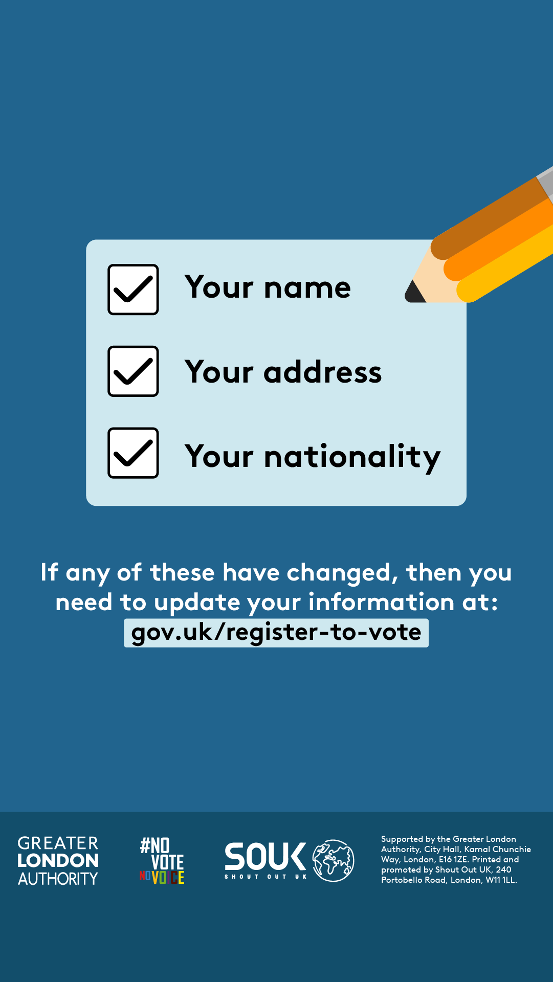 Poster advises updating voter information if your name, address, or nationality has changed. Directs users to gov.uk/register-to-vote.