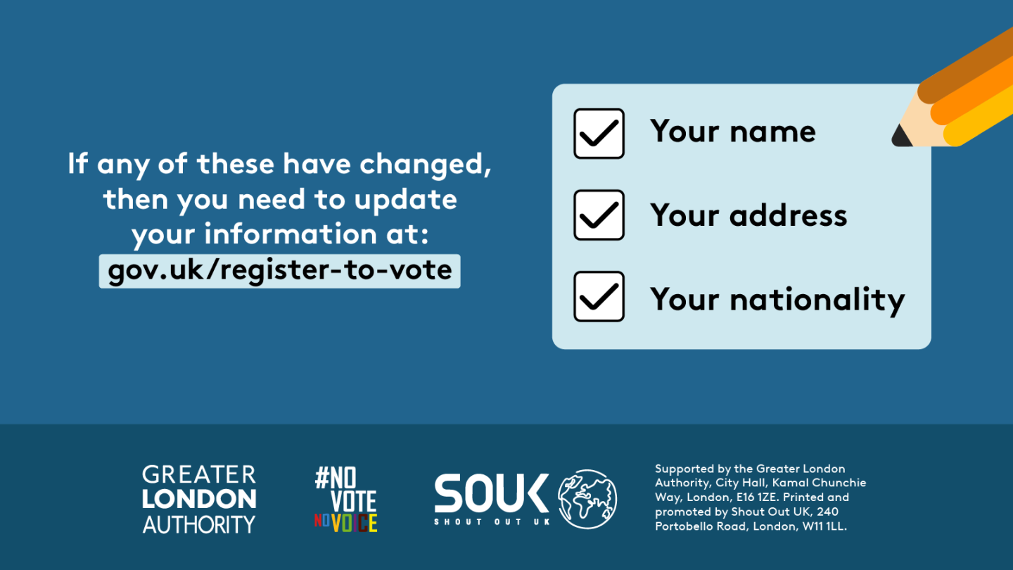 Poster advises updating voter information if your name, address, or nationality has changed. Directs users to gov.uk/register-to-vote