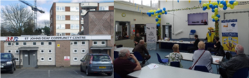 Two images side by side of St Johns Community Centre and a photo voter ID awareness raising workshop with D/deaf and disabled community in Haringey.