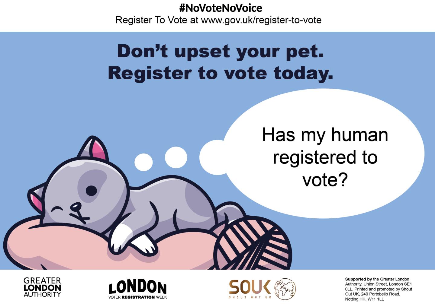 An illustrated gray cat lies on a pink cushion with a ball of yarn nearby. A speech bubble above the cat reads “Has my human registered to vote?” The heading says “Don’t upset your pet. Register to vote today,” with #NoVoteNoVoice and the gov.uk/register-to-vote link at the top.