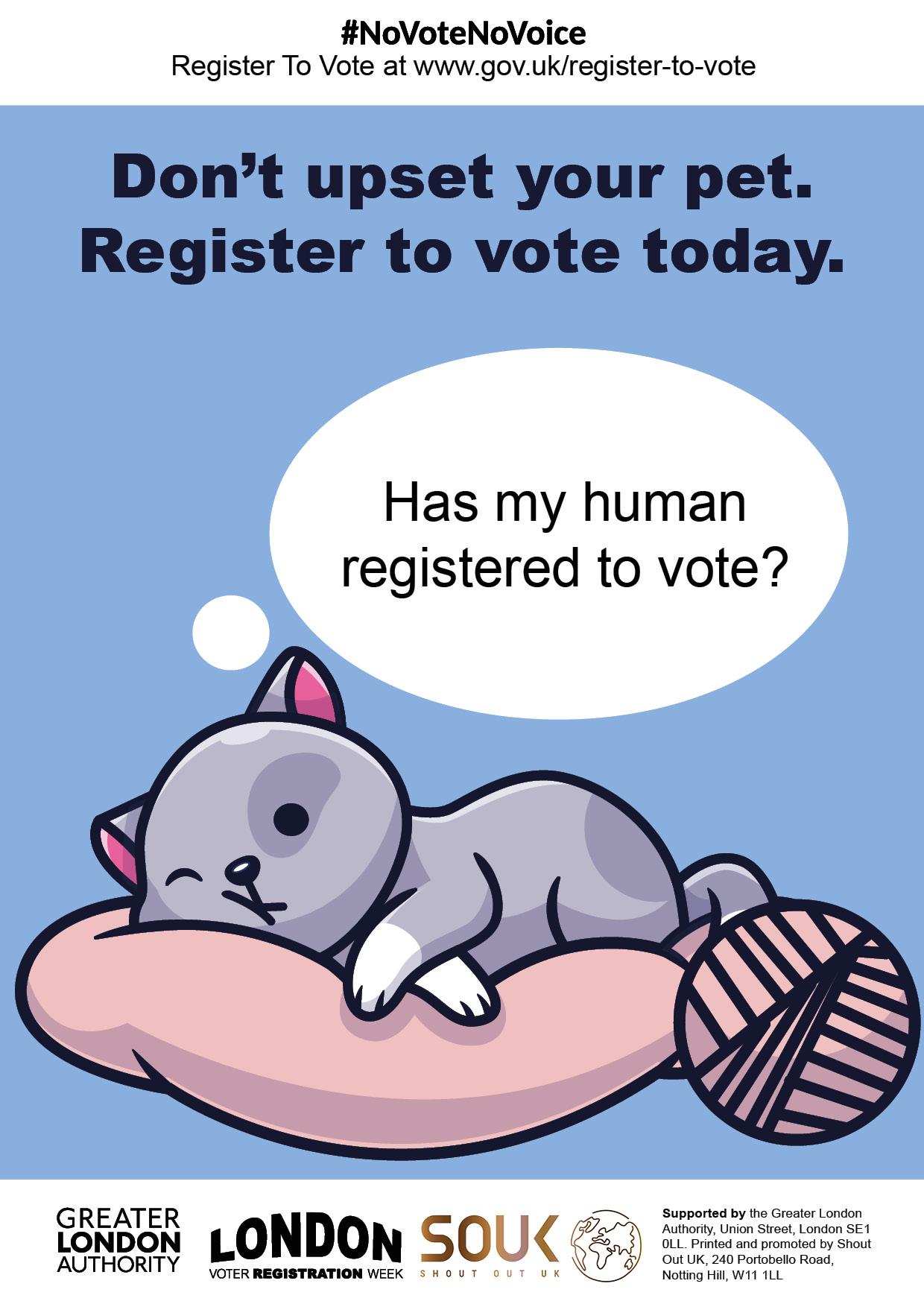 An illustrated gray cat lies on a pink cushion with a ball of yarn nearby. A speech bubble above the cat reads “Has my human registered to vote?” The heading says “Don’t upset your pet. Register to vote today,” with #NoVoteNoVoice and the gov.uk/register-to-vote link at the top.