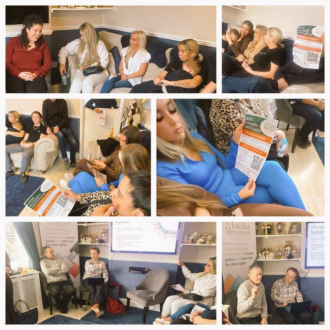 Collage of 6 images showing Voter ID awareness and information sessions with the Gypsy, Roma and Traveller community.