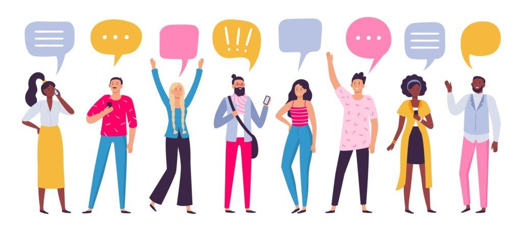 A diverse group of people with colorful speech bubbles above, symbolising communication and dialogue.