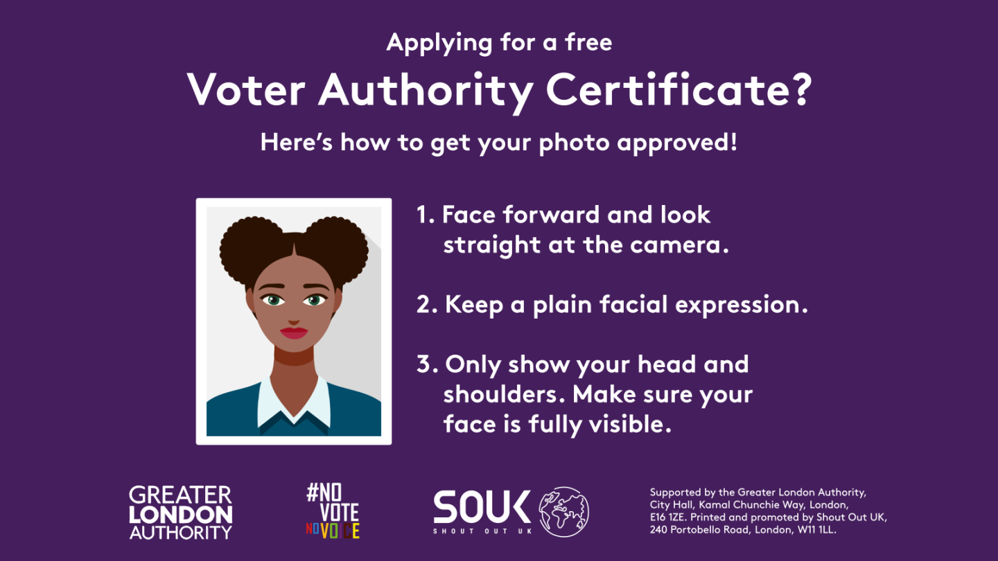 Poster provides guidelines for submitting an approved photo for a free Voter Authority Certificate. Instructions include facing forward, maintaining a plain facial expression, and showing only the head and shoulders with a fully visible face.