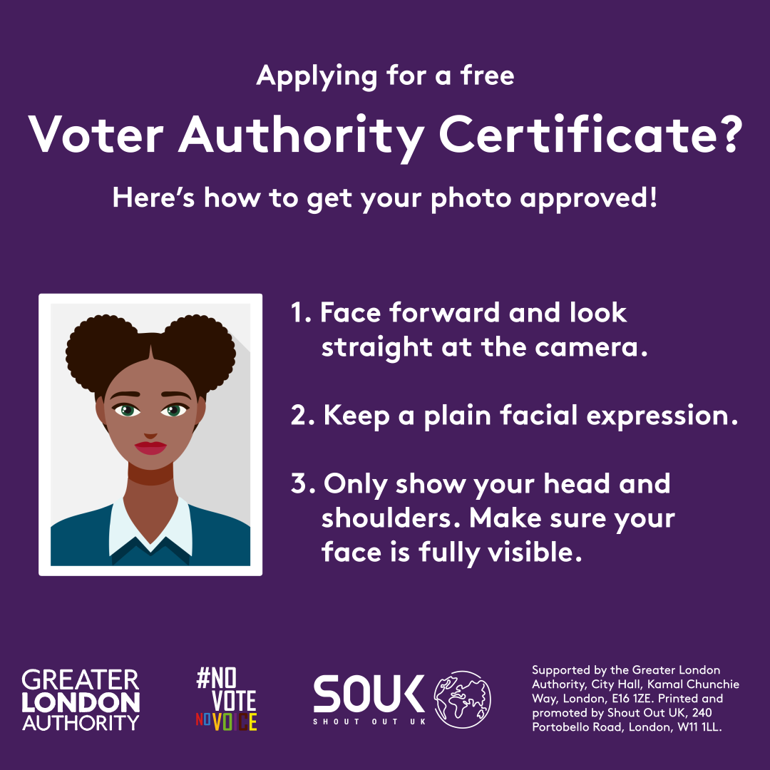 Poster provides guidelines for submitting an approved photo for a free Voter Authority Certificate. Instructions include facing forward, maintaining a plain facial expression, and showing only the head and shoulders with a fully visible face.