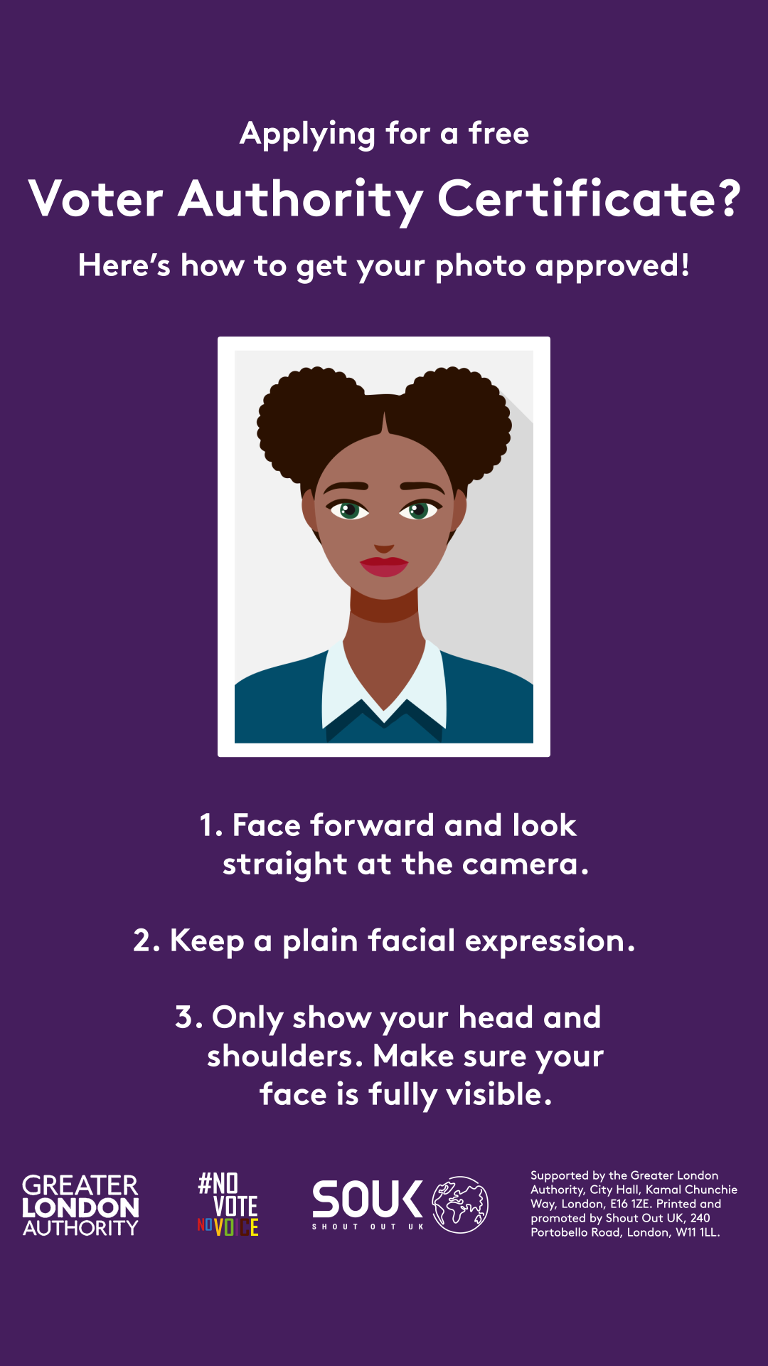 Poster provides guidelines for submitting an approved photo for a free Voter Authority Certificate. Instructions include facing forward, maintaining a plain facial expression, and showing only the head and shoulders with a fully visible face.
