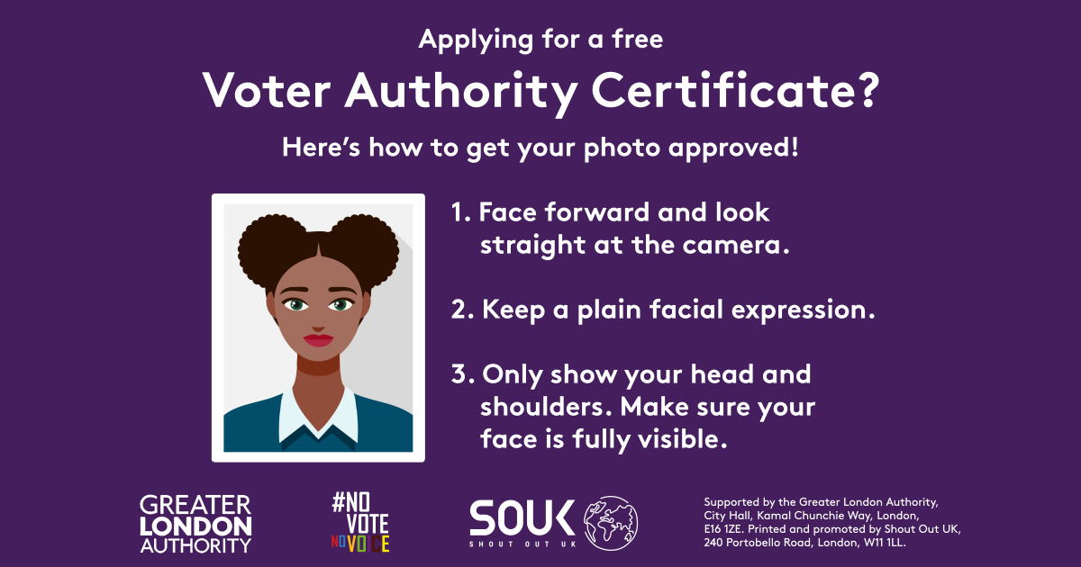 Poster provides guidelines for submitting an approved photo for a free Voter Authority Certificate. Instructions include facing forward, maintaining a plain facial expression, and showing only the head and shoulders with a fully visible face.