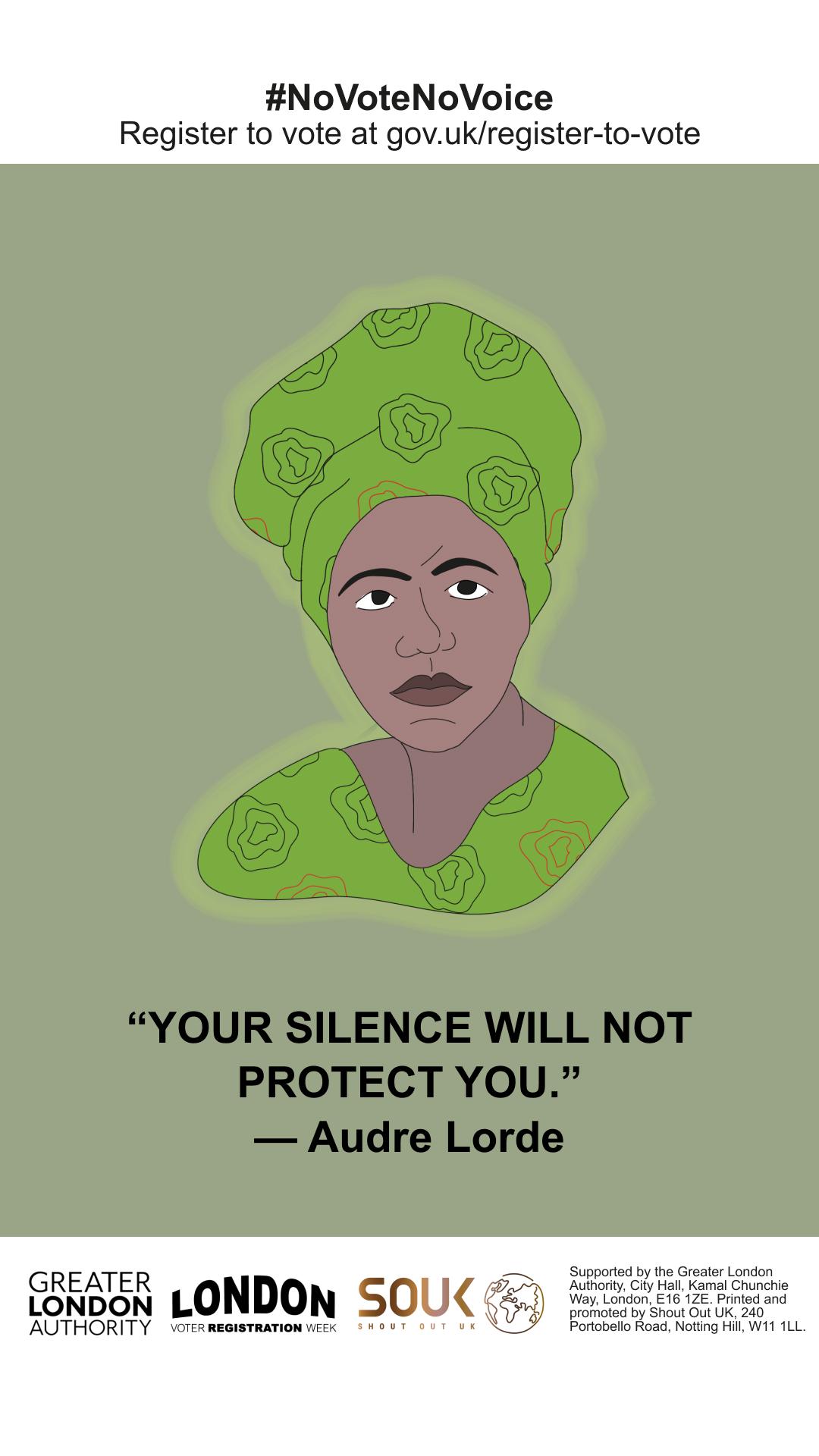 Poster features a quote by Audre Lorde: 'Your silence will not protect you.' Encourages voter registration at gov.uk/register-to-vote under the #NoVoteNoVoice campaign. 