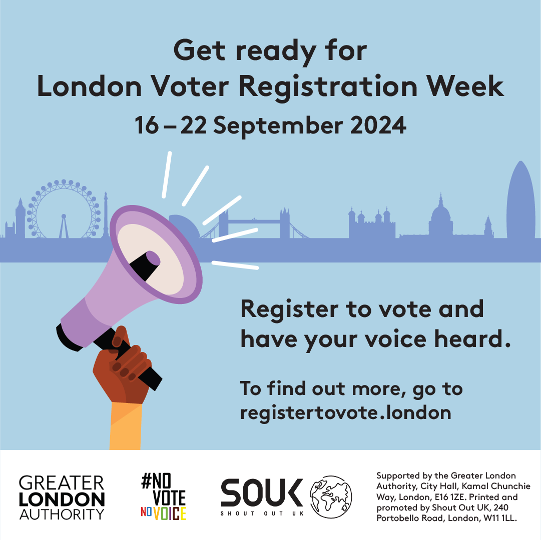 Poster for London Voter Registration Week, 16–22 September 2024. Encourages registering to vote at registertovote.london.