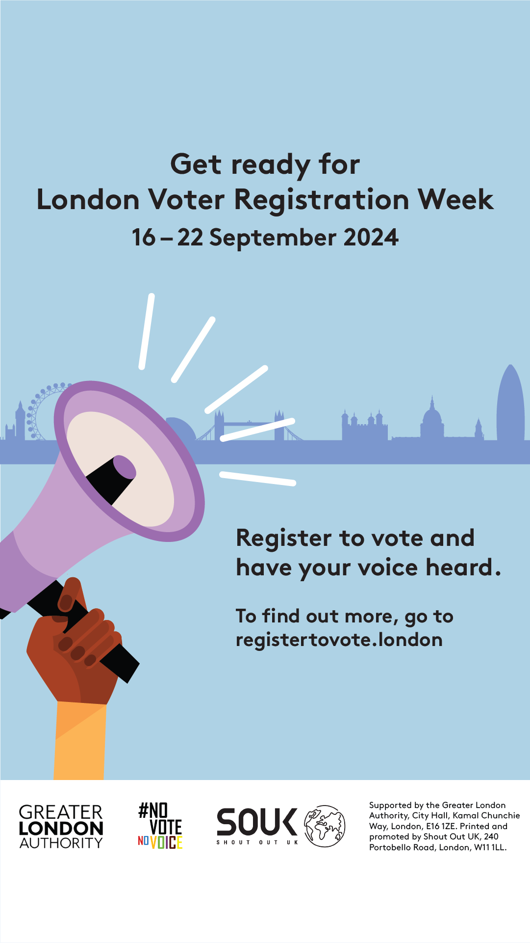 Poster for London Voter Registration Week, 16–22 September 2024. Encourages registering to vote at registertovote.london. 