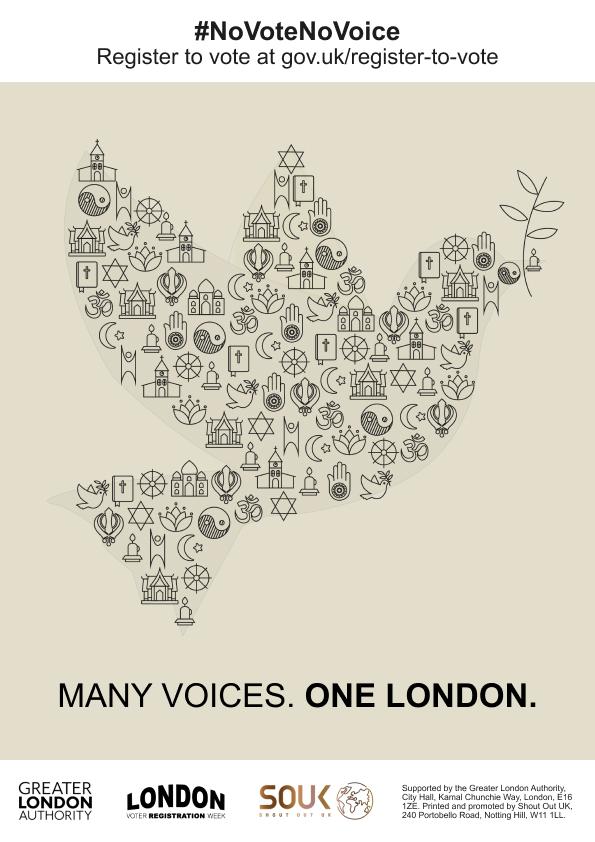 A poster featuring the text "MANY VOICES. ONE LONDON." alongside an illustration of a dove made up of symbols representing various religions, cultures, and communities. At the top, the hashtag #NoVoteNoVoice encourages voter registration, with a link to gov.uk/register-to-vote.