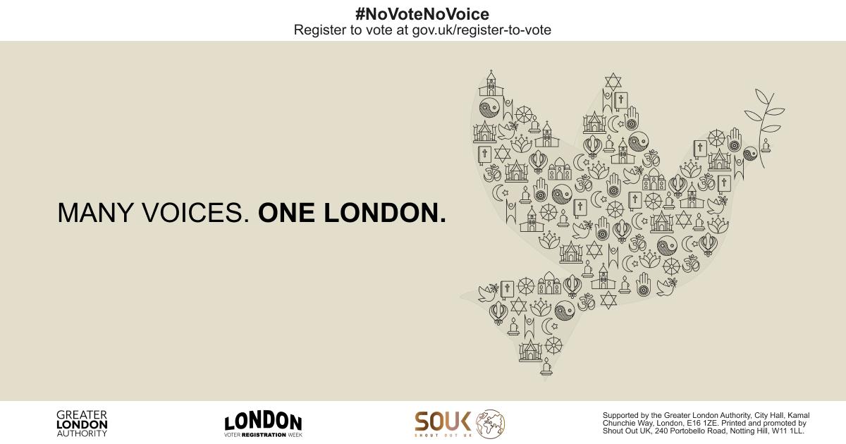 A poster featuring the text "MANY VOICES. ONE LONDON." alongside an illustration of a dove made up of symbols representing various religions, cultures, and communities. At the top, the hashtag #NoVoteNoVoice encourages voter registration, with a link to gov.uk/register-to-vote.