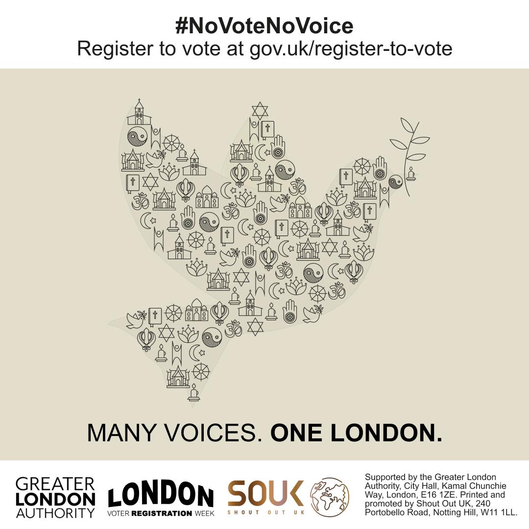 A poster featuring the text "MANY VOICES. ONE LONDON." alongside an illustration of a dove made up of symbols representing various religions, cultures, and communities. At the top, the hashtag #NoVoteNoVoice encourages voter registration, with a link to gov.uk/register-to-vote.