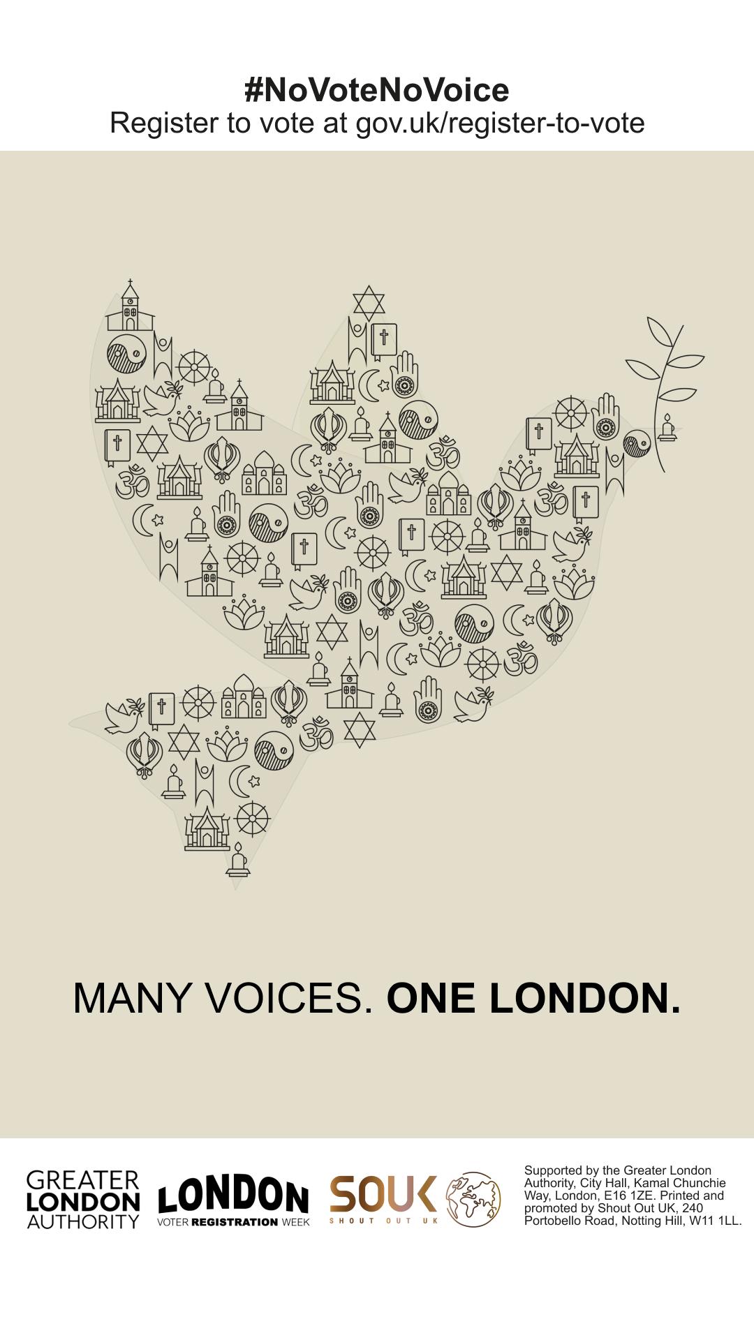 A poster featuring the text "MANY VOICES. ONE LONDON." alongside an illustration of a dove made up of symbols representing various religions, cultures, and communities. At the top, the hashtag #NoVoteNoVoice encourages voter registration, with a link to gov.uk/register-to-vote.
