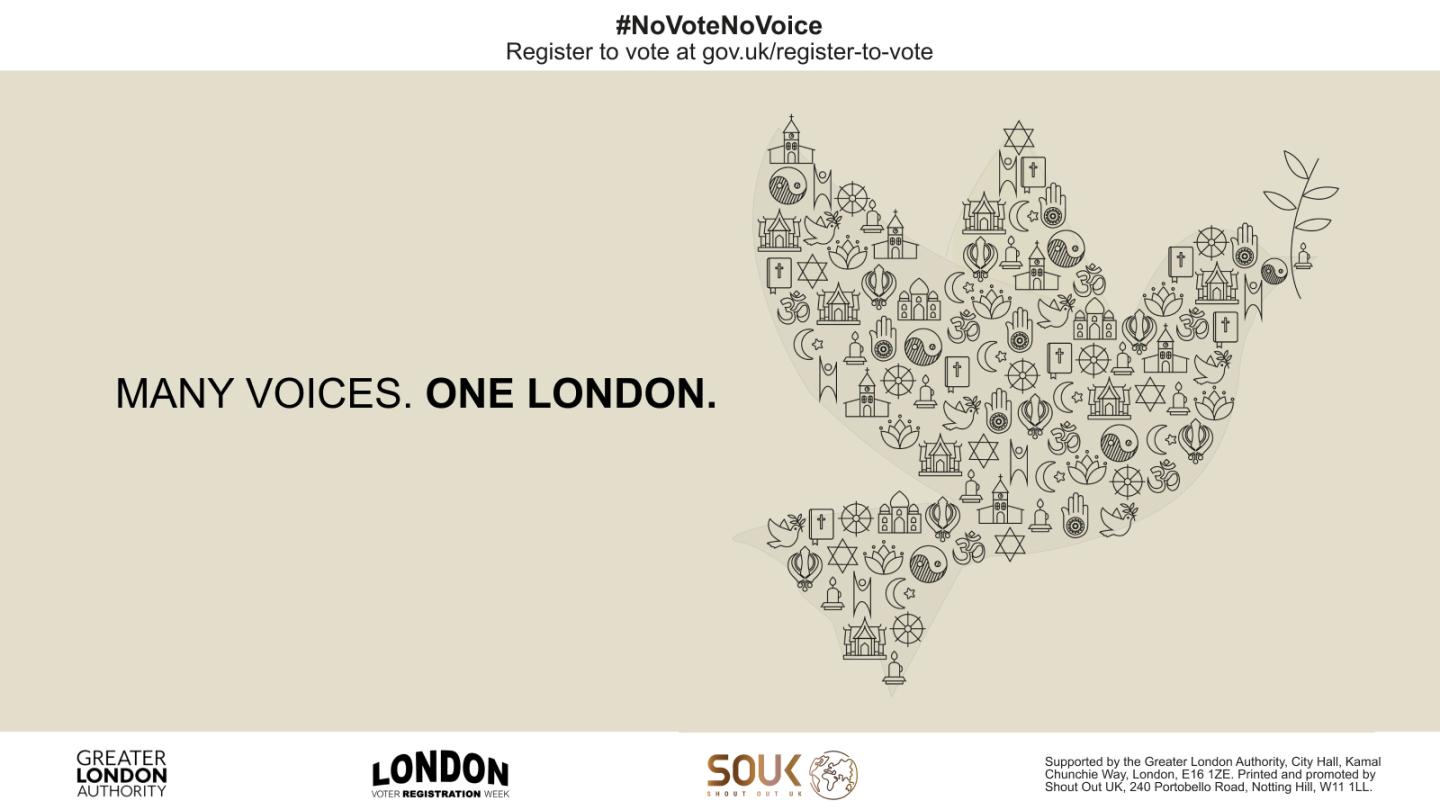 A poster featuring the text "MANY VOICES. ONE LONDON." alongside an illustration of a dove made up of symbols representing various religions, cultures, and communities. At the top, the hashtag #NoVoteNoVoice encourages voter registration, with a link to gov.uk/register-to-vote.