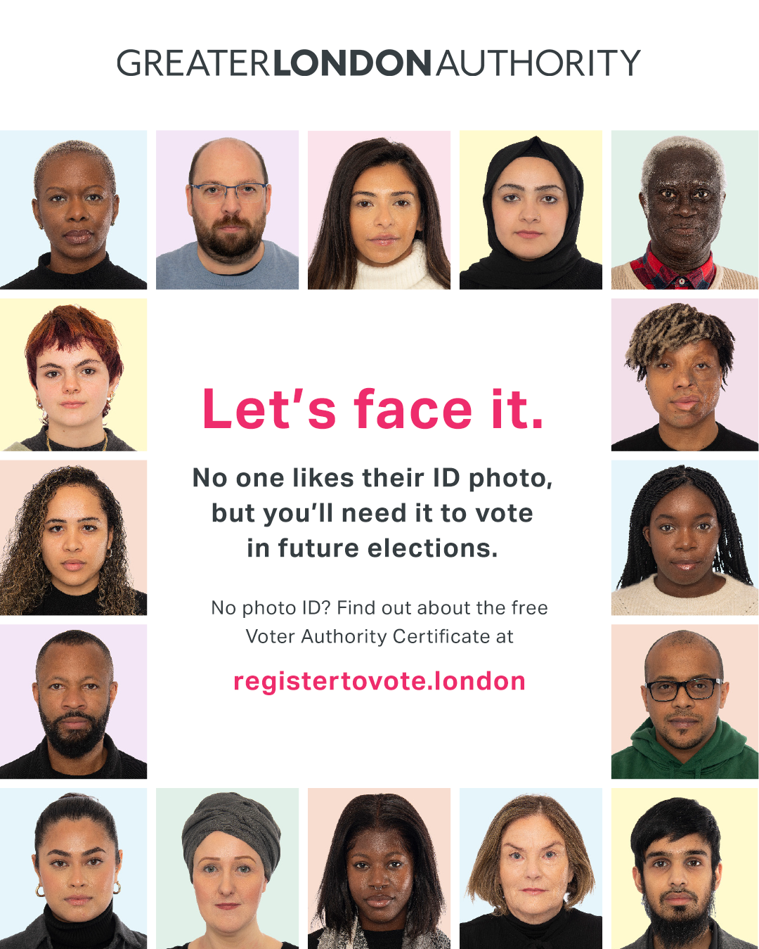 Poster to inform users about voter ID with several faces on