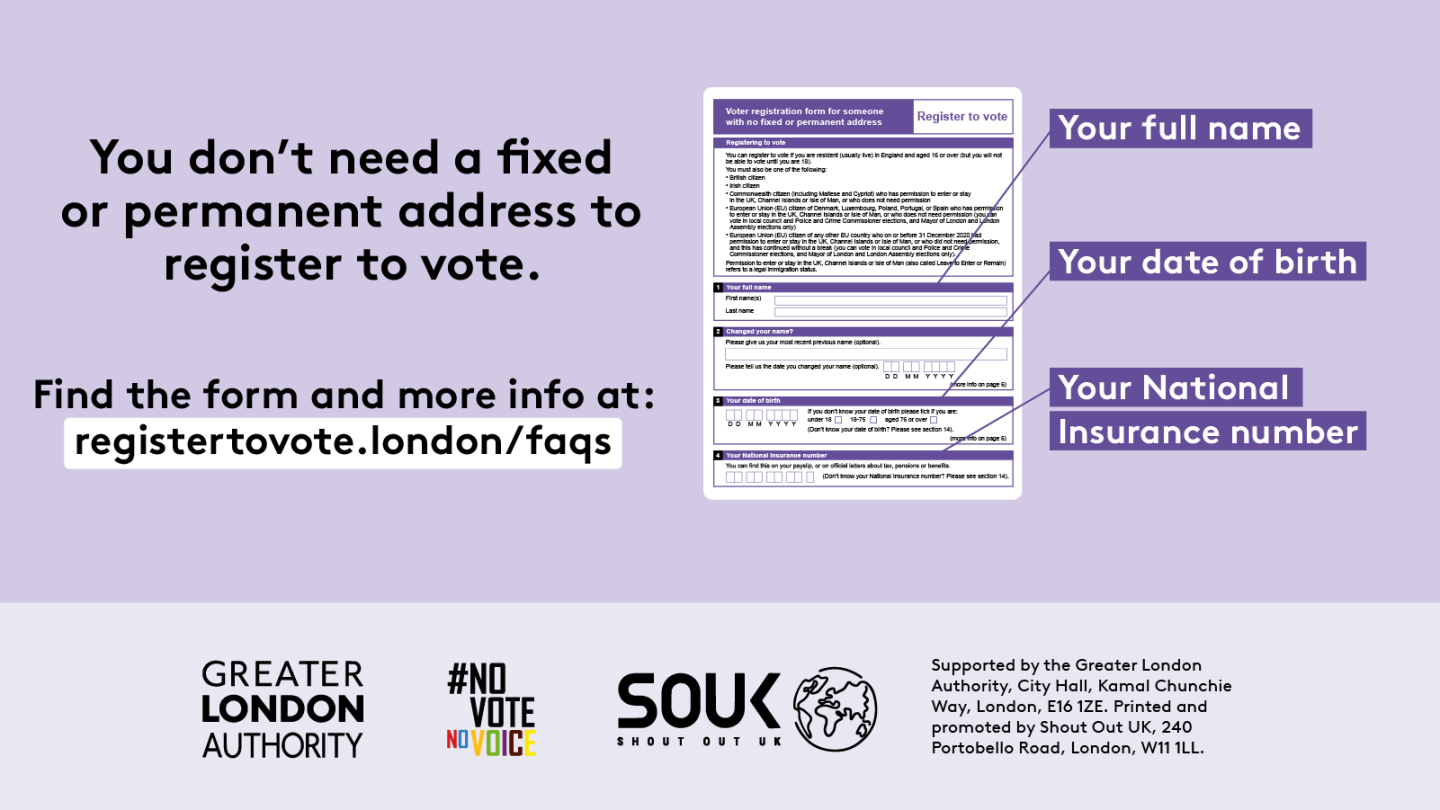 Poster explains that a fixed or permanent address is not required to register to vote. Includes a voter registration form with highlighted sections for full name, date of birth, and National Insurance number. Directs readers to find the form and more info at registertovote.london/faqs.