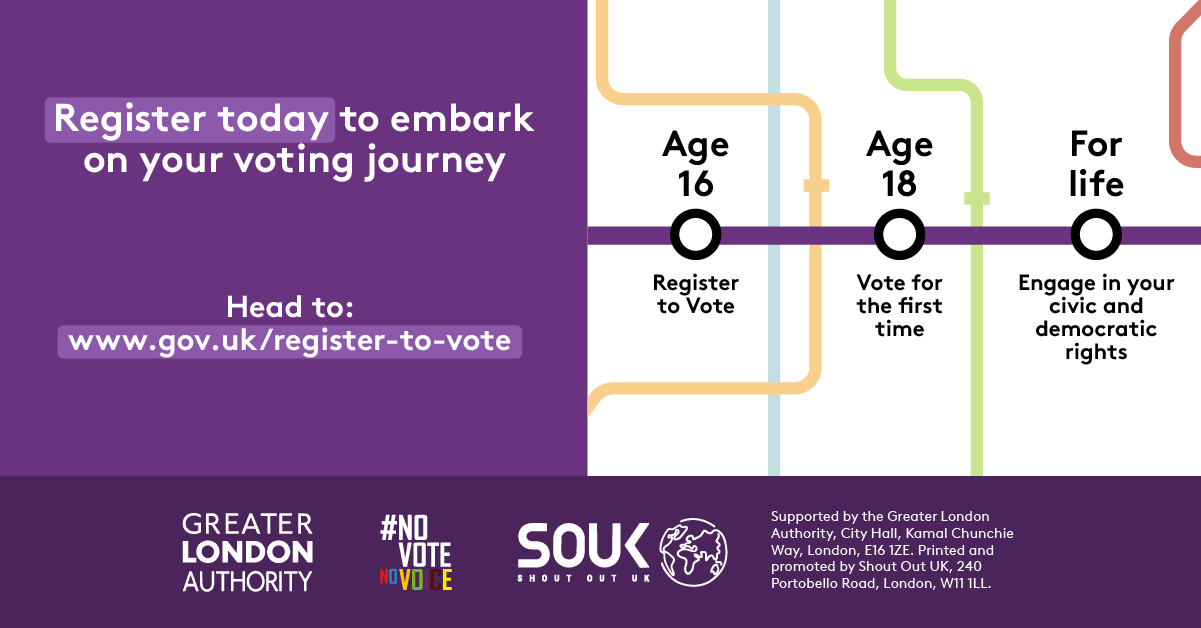Poster encourages registering to vote at www.gov.uk/register-to-vote, highlighting key milestones: registering at age 16, voting for the first time at 18, and engaging in civic rights for life.