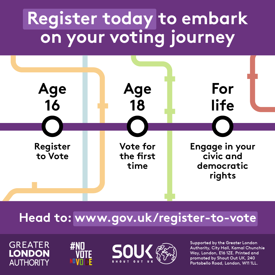 Poster encourages registering to vote at www.gov.uk/register-to-vote, highlighting key milestones: registering at age 16, voting for the first time at 18, and engaging in civic rights for life.