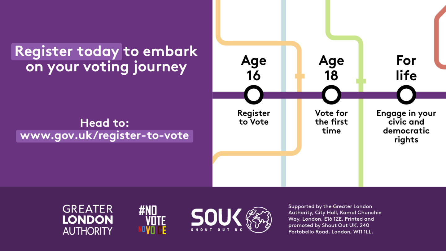 Poster encourages registering to vote at www.gov.uk/register-to-vote, highlighting key milestones: registering at age 16, voting for the first time at 18, and engaging in civic rights for life.