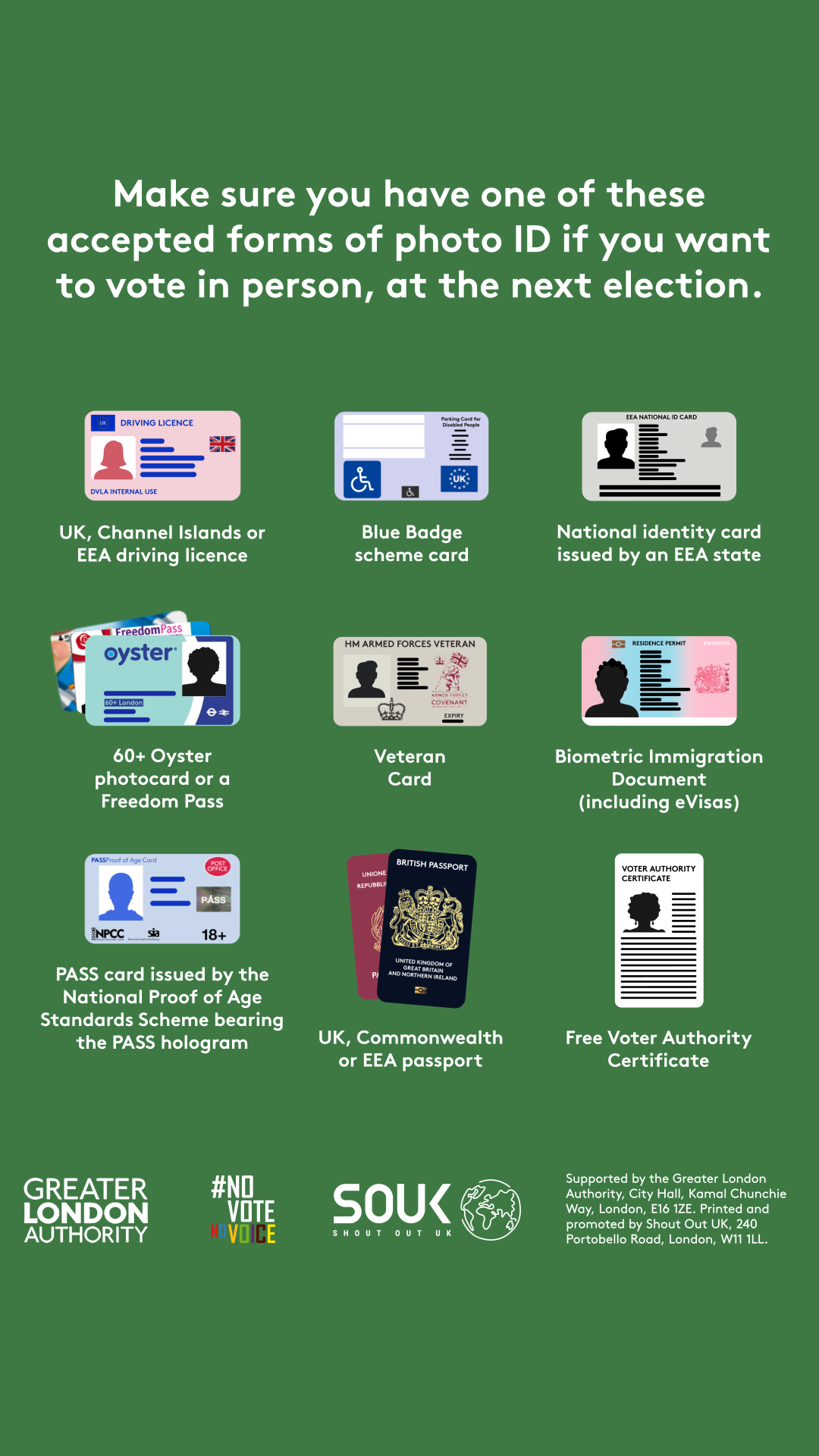 A list of photographic identification including a UK or EEA passport; a UK, EEA or Commonwealth driving licence; a Blue Badge and Freedom Pass; a free Voter Authority Certificate; a Veteran Card; and others, with the text “Make sure you have one of these accepted forms of photo ID if you want to vote in person, at the next election.” 
