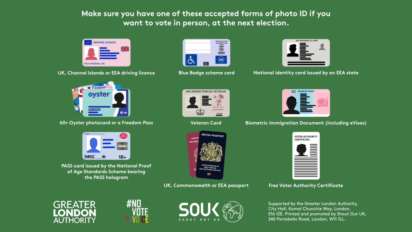 A list of photographic identification including a UK or EEA passport; a UK, EEA or Commonwealth driving licence; a Blue Badge and Freedom Pass; a free Voter Authority Certificate; a Veteran Card; and others, with the text “Make sure you have one of these accepted forms of photo ID if you want to vote in person, at the next election.” 