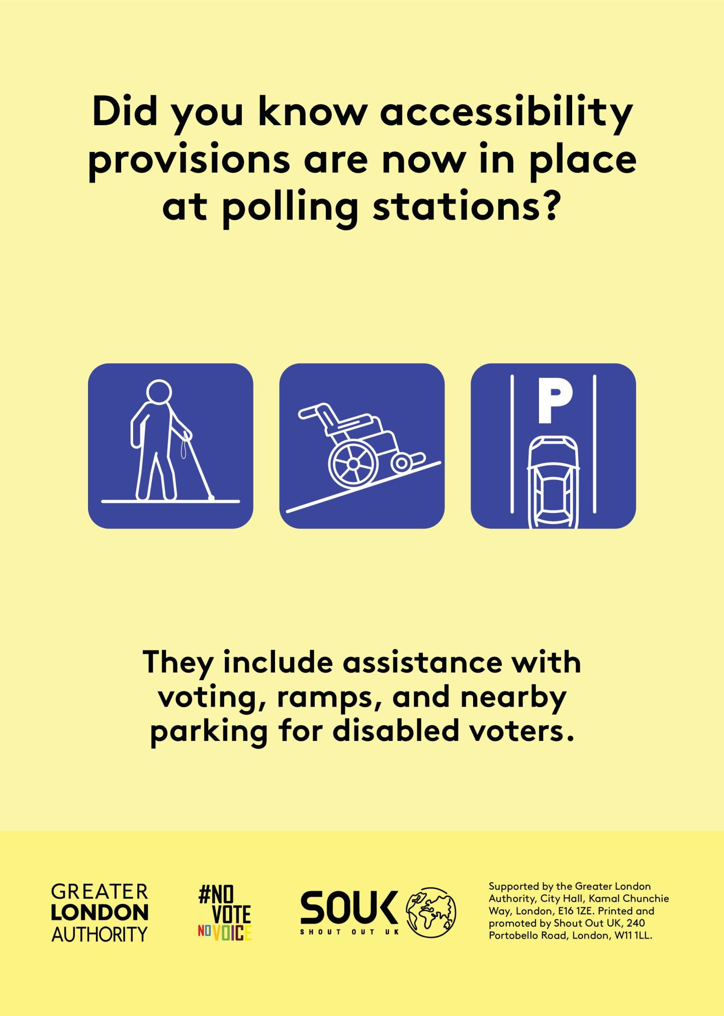 Three images show a wheelchair on a ramp, an accessible parking space and a person carrying a long white cane with the text “Did you know accessibility provisions are now in place at polling stations? They include assistance with voting, ramps, and nearby parking for disabled voters”.  