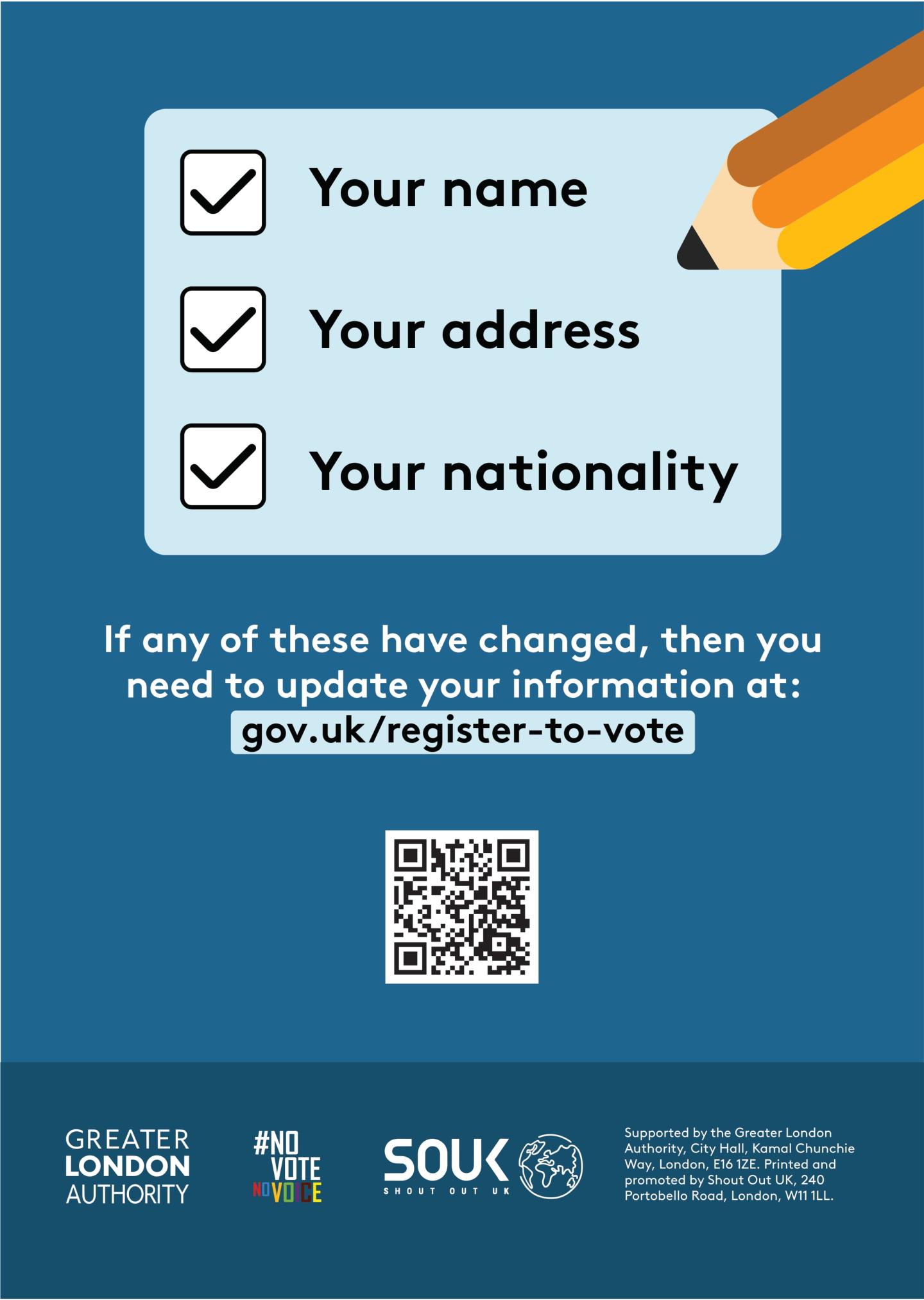 A checklist with check marks next to the words “your name”, “your address” and “your nationality” with the text “if any of these have changed, then you need to update your information at https://www.gov.uk/register-to-vote". 