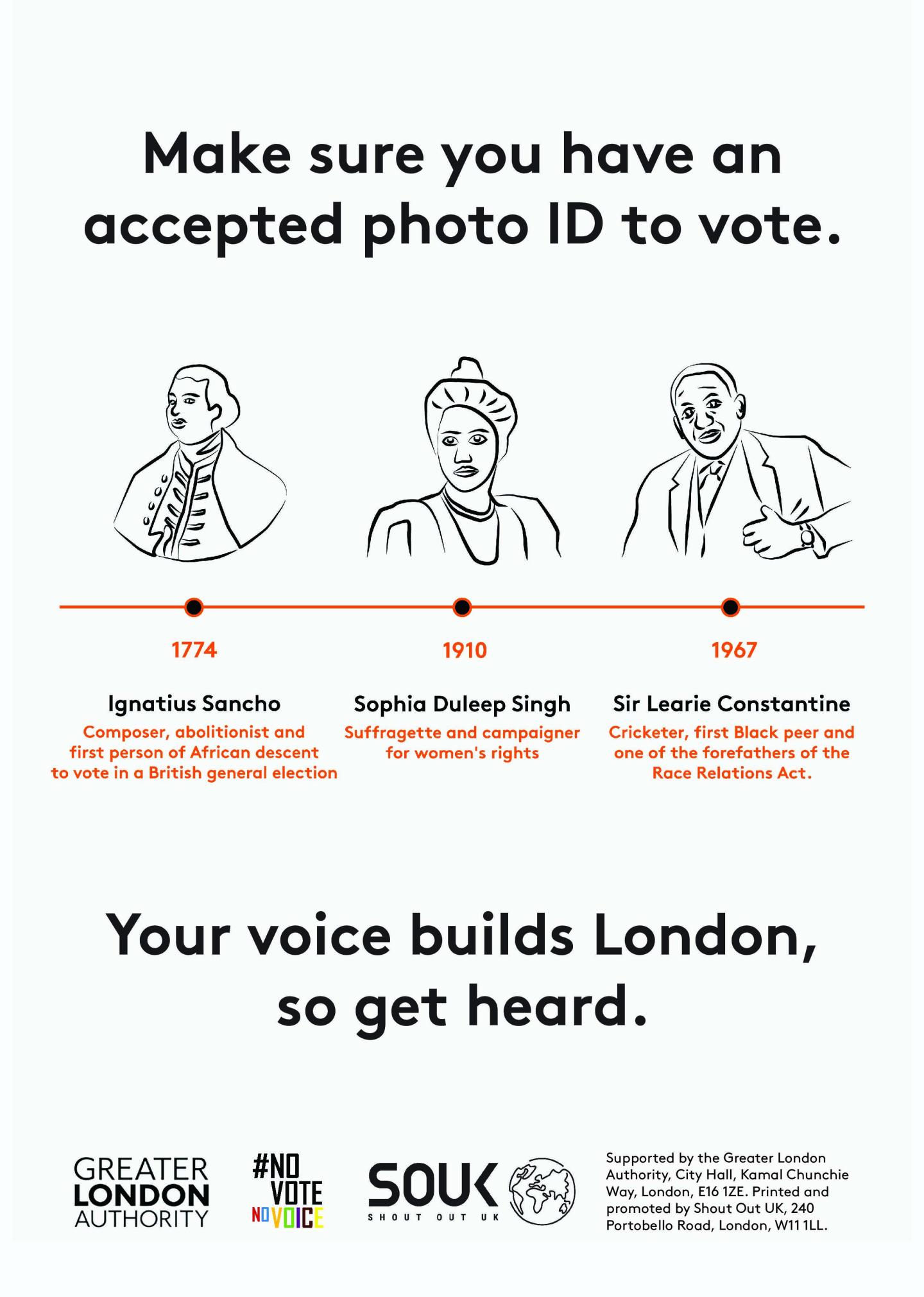 Image depicts Ignatius Sancho (composer, abolitionist and first person of African descent to vote in a British general election), Sophia Duleep Singh (suffragette and campaigner for women’s rights) and Sir Learie Constantine (cricketer, first Black peer and forefather of the Race Relations Act), with the text: “Make sure you have an accepted form of photo ID if you want to vote in person, at the next election. Your voice builds London, so get heard.”  