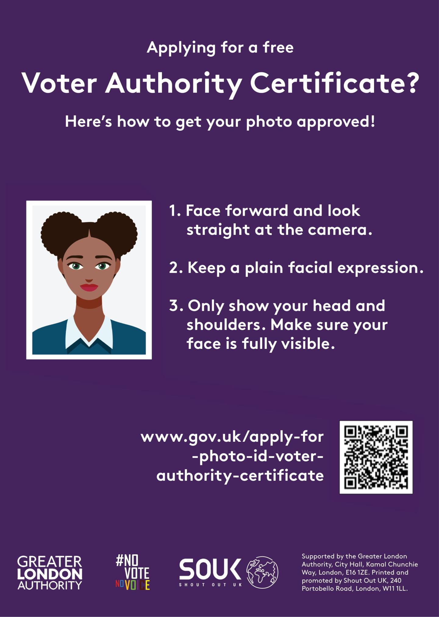 A cartoon style passport photo image. The text states “Here’s how to get your photo approved” for a free Voter Authority Certificate. “1. Face forward and look at the camera, 2. Keep a plain facial expression, 3. Only show your head and shoulders. Make sure your face is fully visible”. 