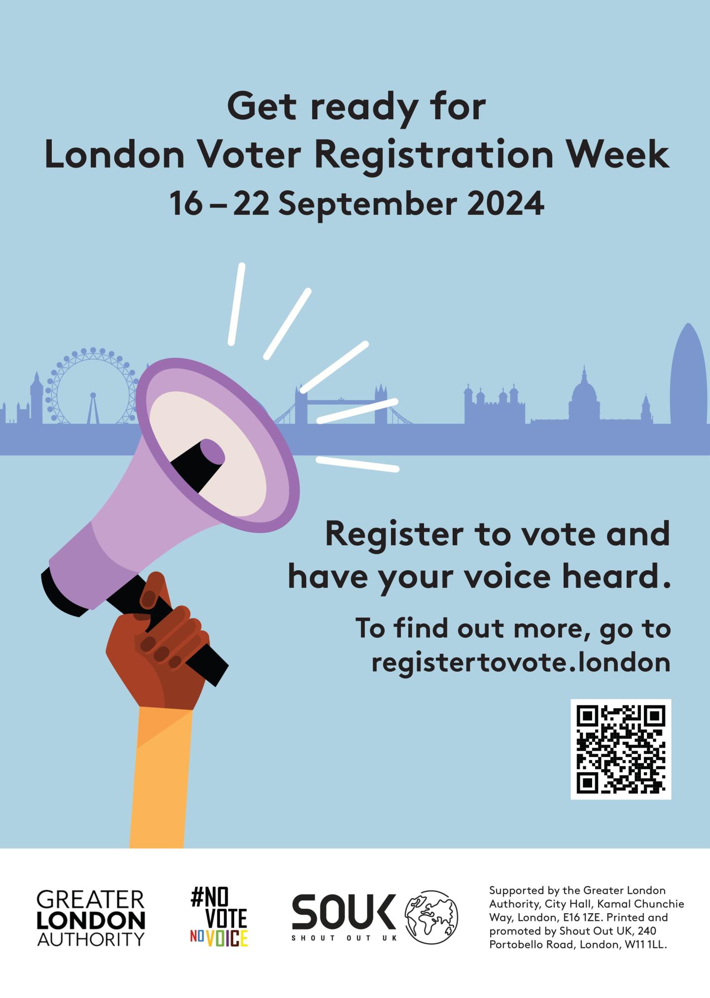 A hand holding a megaphone with sound waves coming out of it with the London Skyline in the background. The text states “Get ready for London Voter Registration Week 16-22 September 2024. Register to vote and have your voice heard. To find out more go to https://registertovote.london/.”  