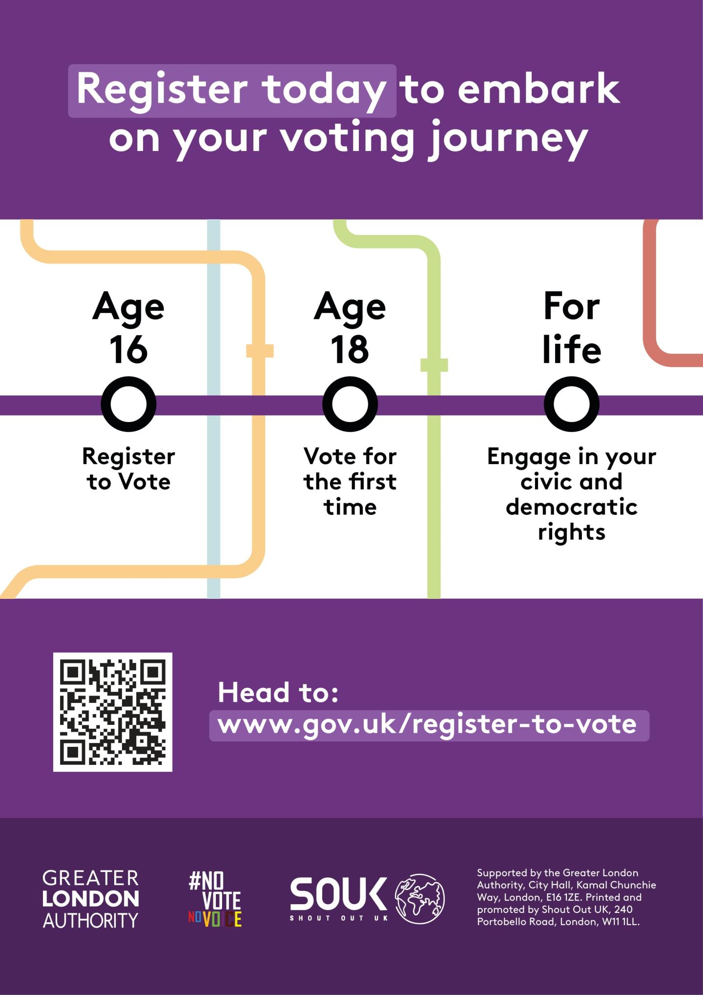 Coloured lines of the London tube map in the background. The prominent line in the foreground has three circles to show stops on the line. The first stop is “Age 16 – register to vote”, the second stop is “Age 18 – vote for the first time”, and the third stop is “For life – engage in your civic and democratic rights”. The text states “Register today to embark on your voting journey. Head to www.gov.uk/register-to-vote.”  