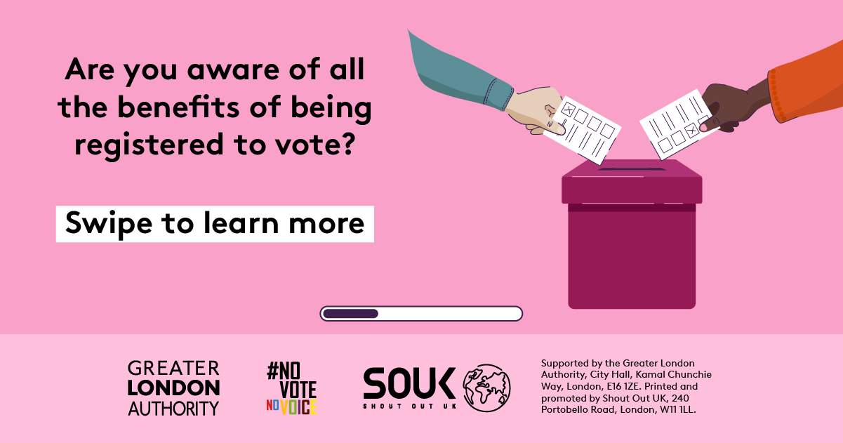 Are you aware of all the benefits of being registered to vote? Two hands putting a ballot paper into a ballot box. Swipe to learn more. 
