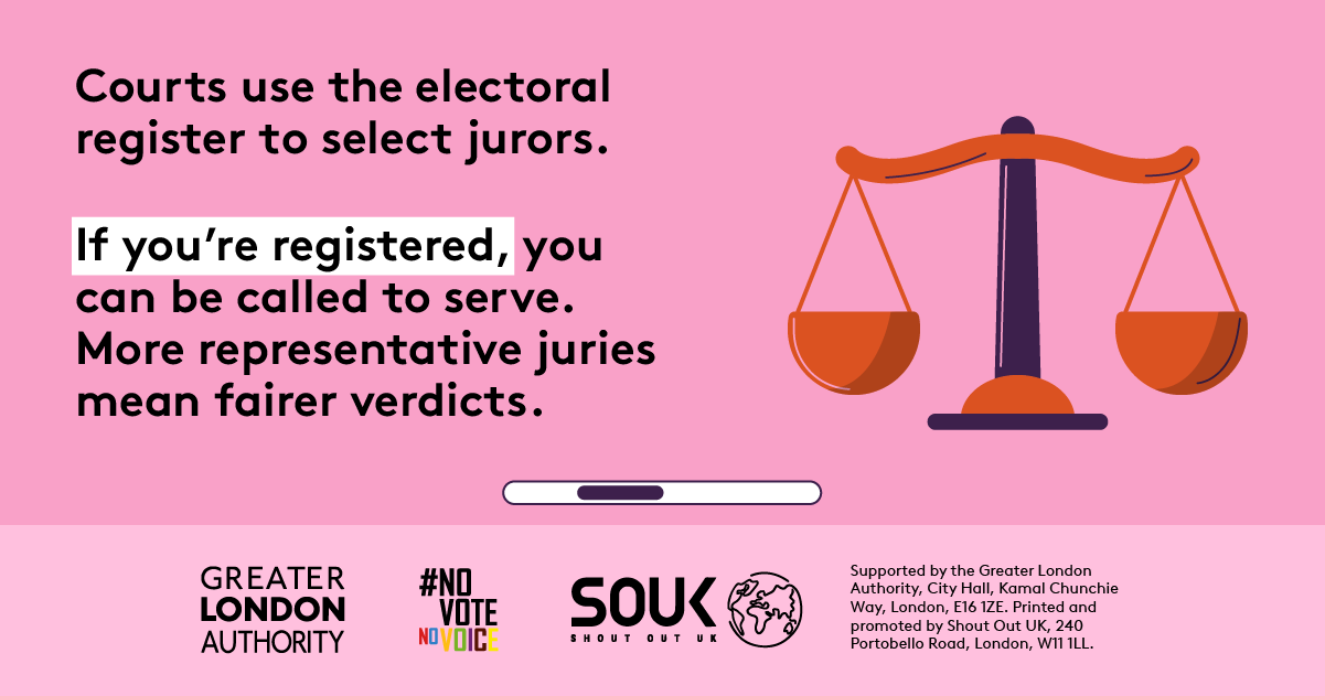 Courts use the electoral register to select jurors. Traditional weighing scales pictured are balanced. If you’re registered, you can be called to serve. More representative juries mean fairer verdicts. 