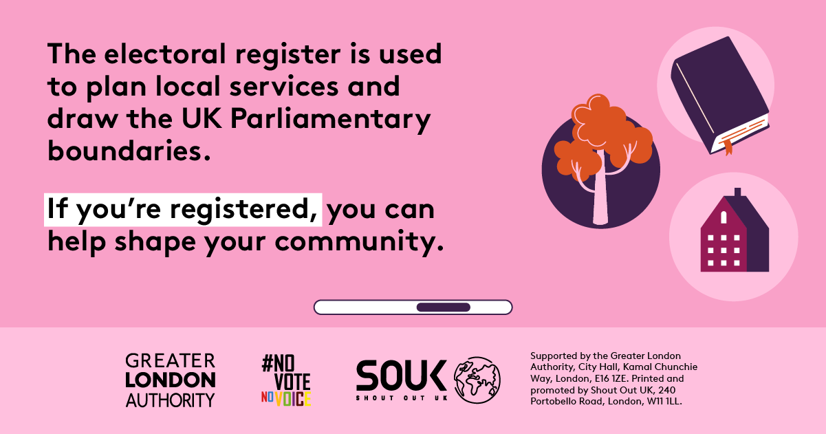 The electoral register is used to plan local services and draw the UK parliamentary boundaries. Bubbles with a book, tree and building in them. If you’re registered, you can help share your community.    