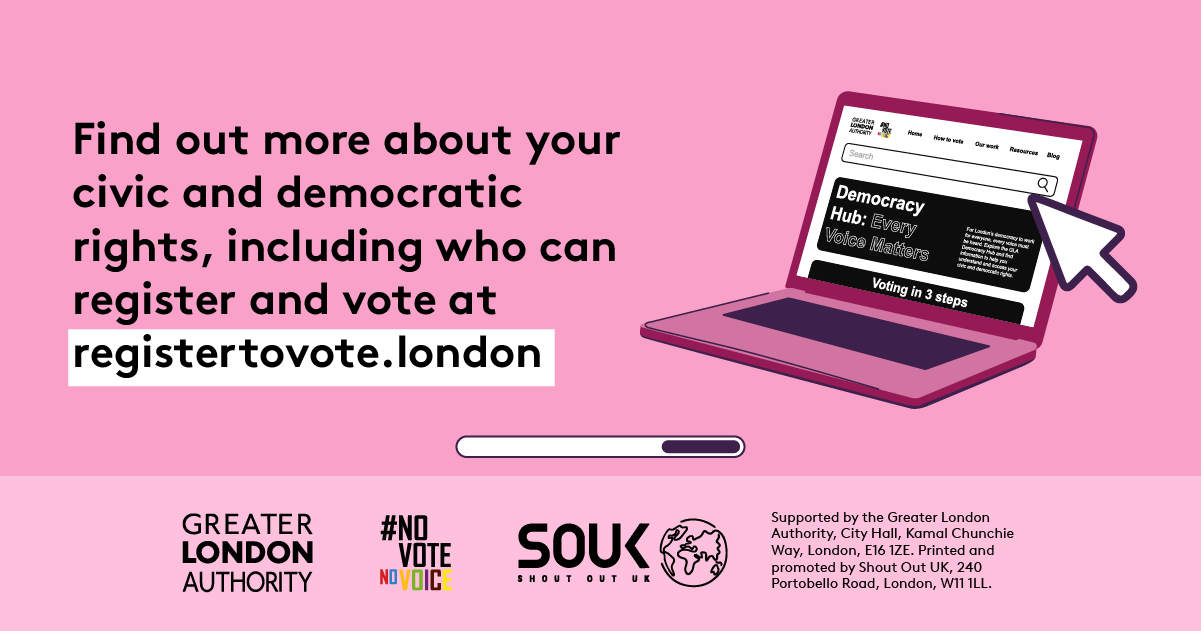 Find out more about your civic and democratic rights including who can register and vote at GLA Democracy Hub with an open laptop computer with the Democracy Hub homepage on the screen. 